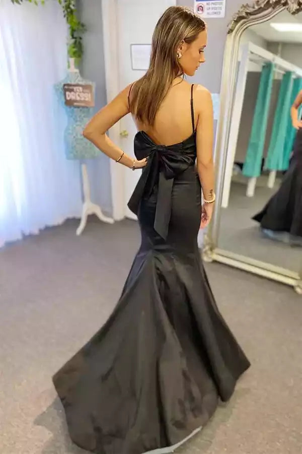 Sleek Black Satin Mermaid Gown with Spaghetti Straps & Back Bow Detail