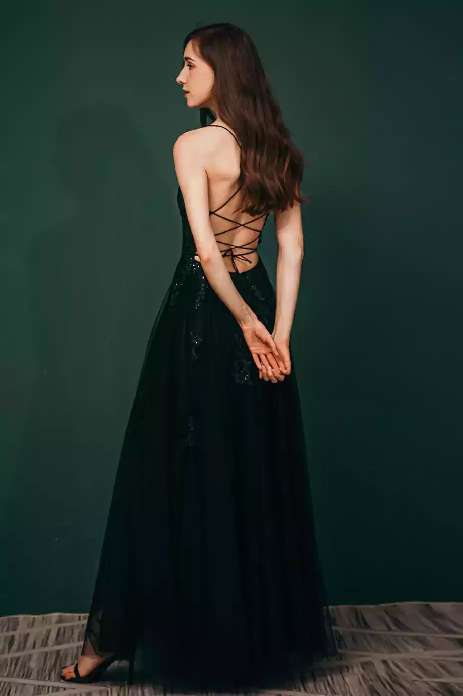 Sleek Black Tulle Gown with Sequin Lace Bodice & Crisscross Back