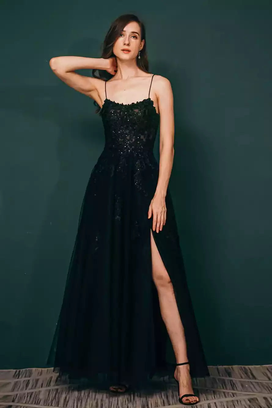 Sleek Black Tulle Gown with Sequin Lace Bodice & Crisscross Back