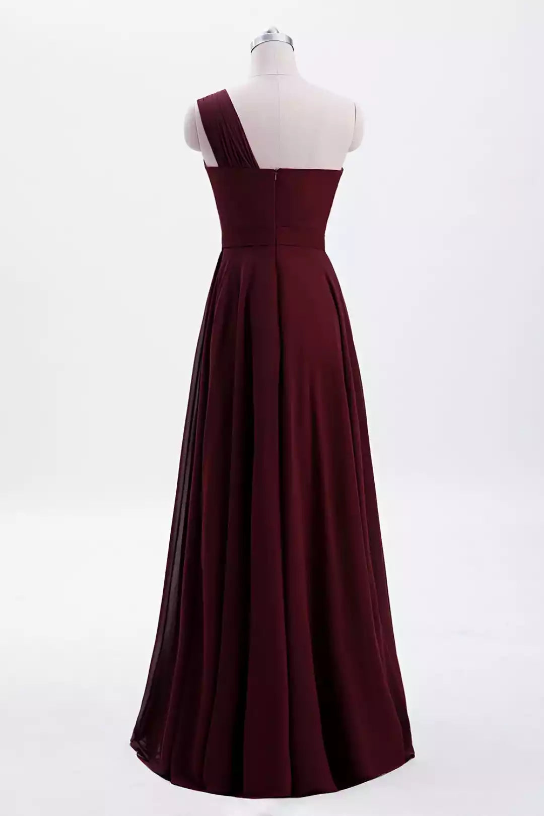 Sleek Burgundy Chiffon Gown with One-Shoulder Bodice & Ruched Detail