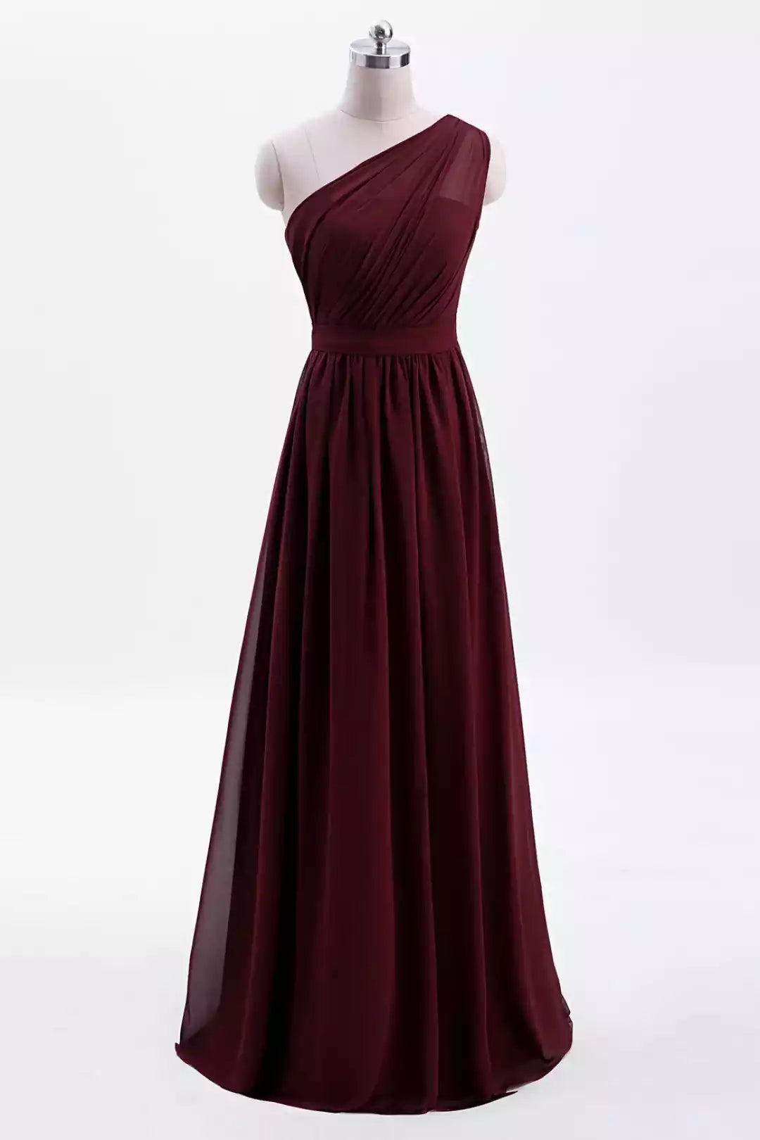 Sleek Burgundy Chiffon Gown with One-Shoulder Ruched Bodice