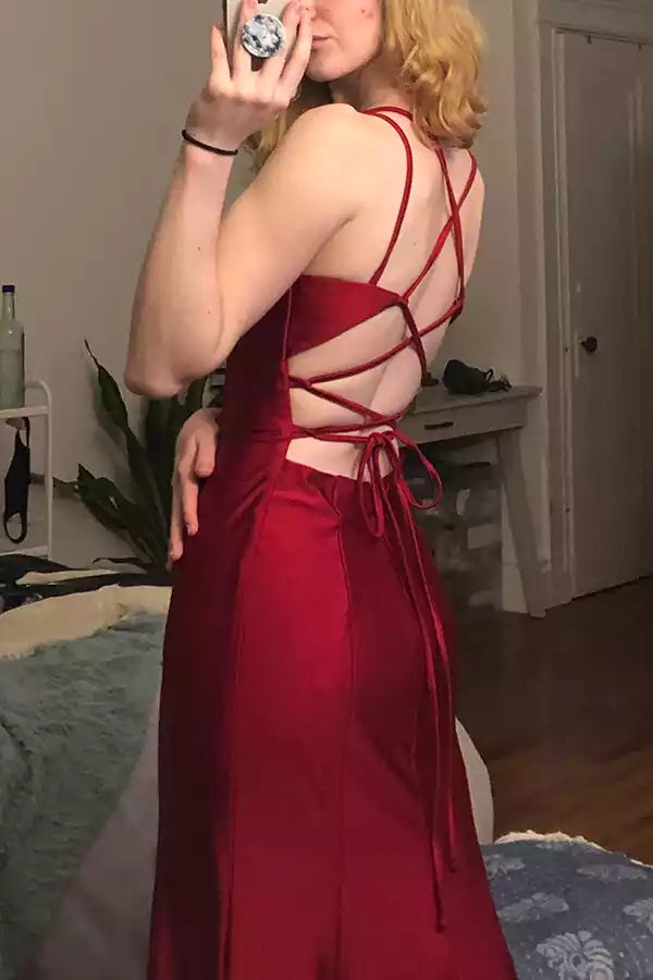 Sleek Burgundy Satin Mermaid Gown with Crisscross Open Back