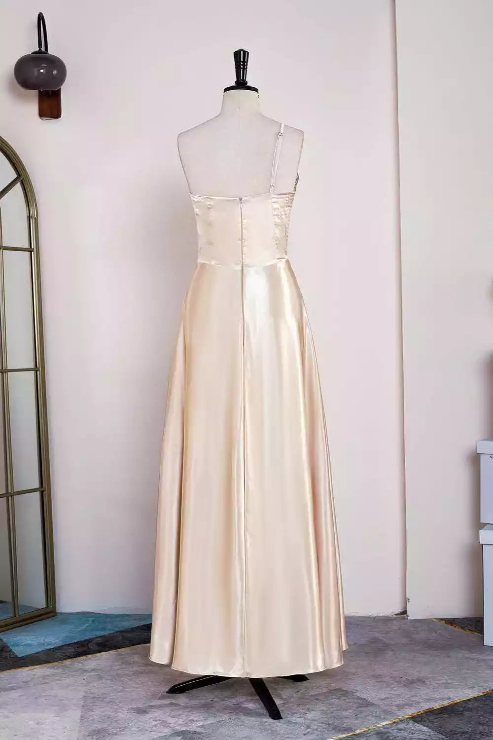 Sleek Champagne Satin Gown with Asymmetrical Single Strap & A-Line Silhouette