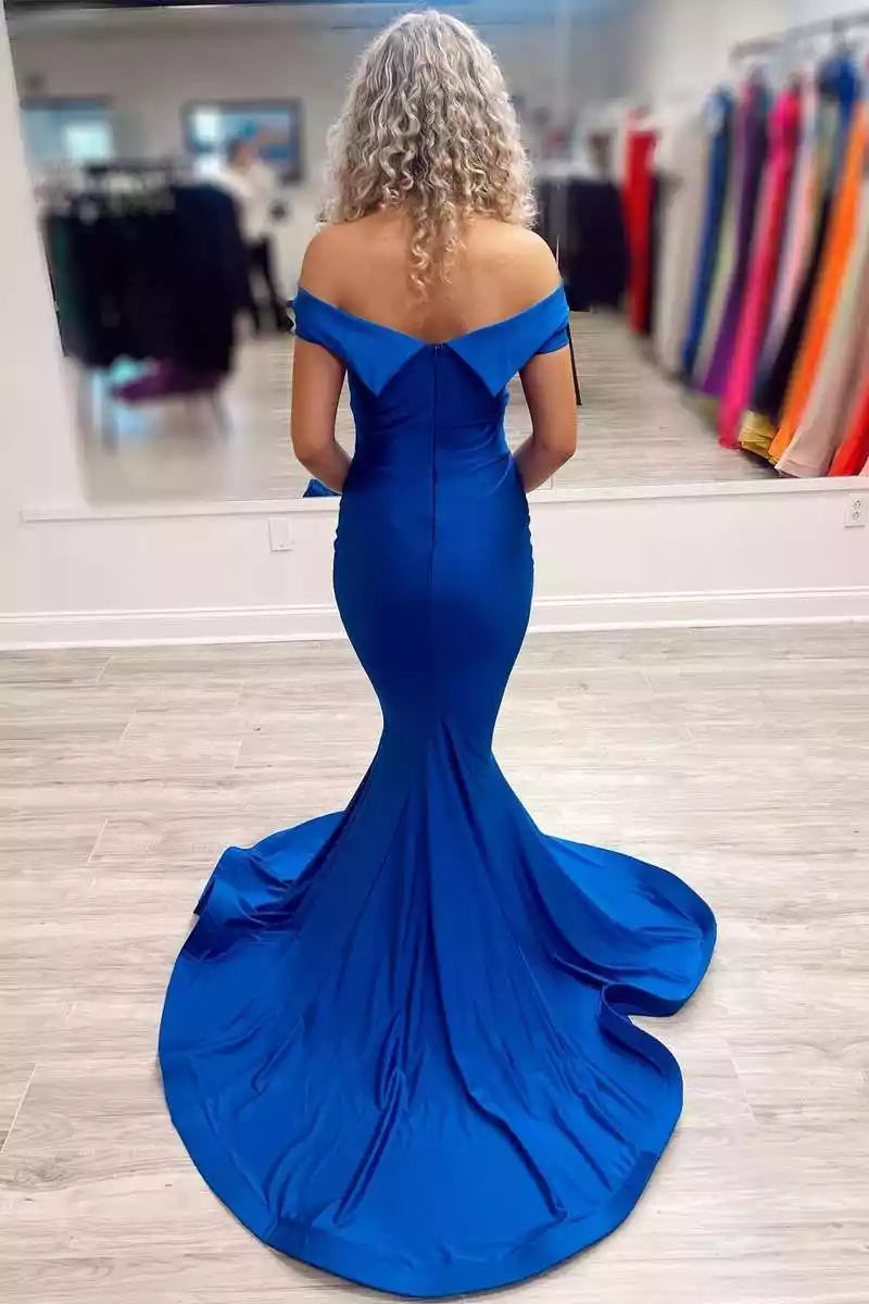 Sleek Cobalt Blue Mermaid Gown with Off-the-Shoulder Neckline & Flowing Train