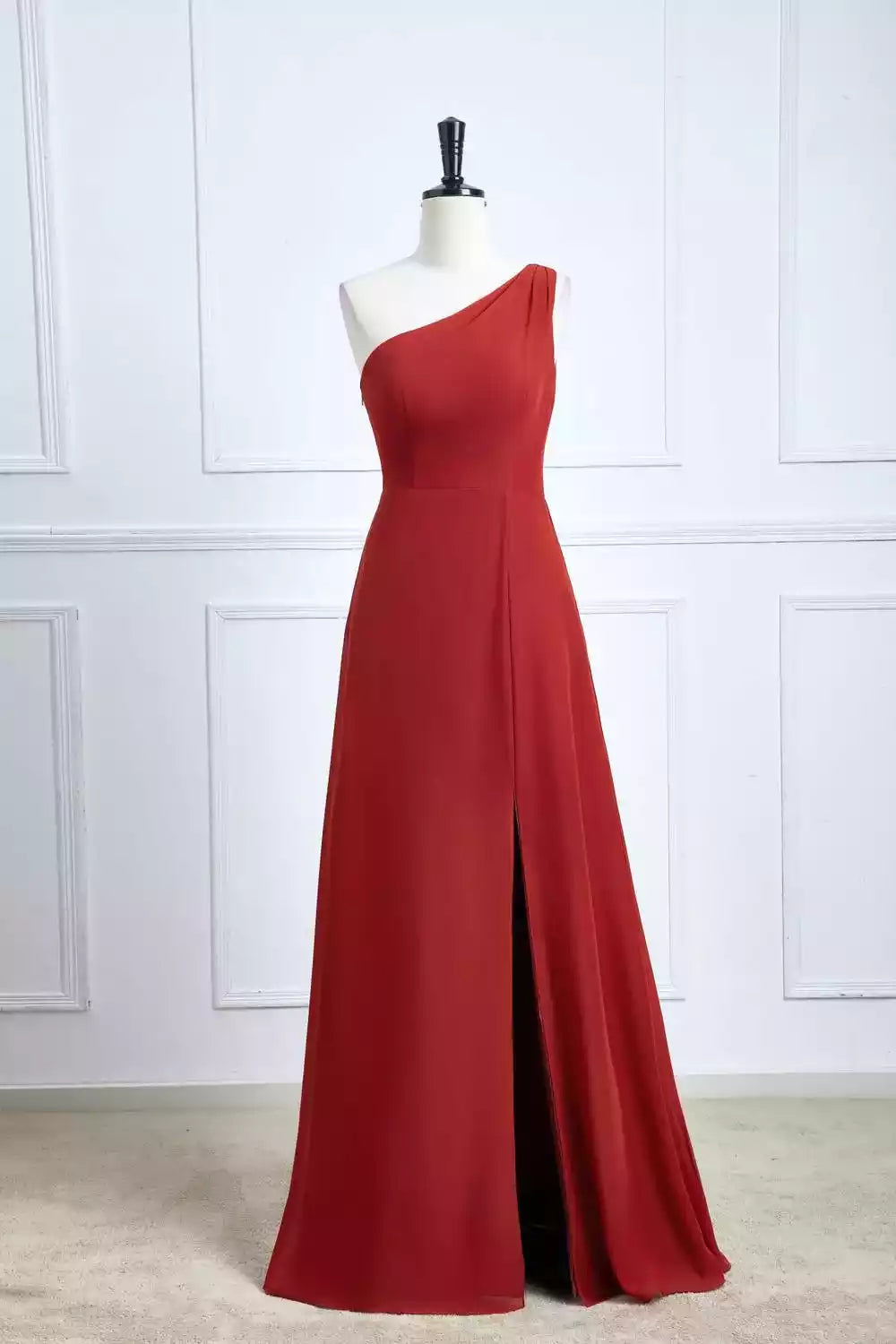 Sleek Crimson Chiffon Gown with One-Shoulder Neckline & Side Slit