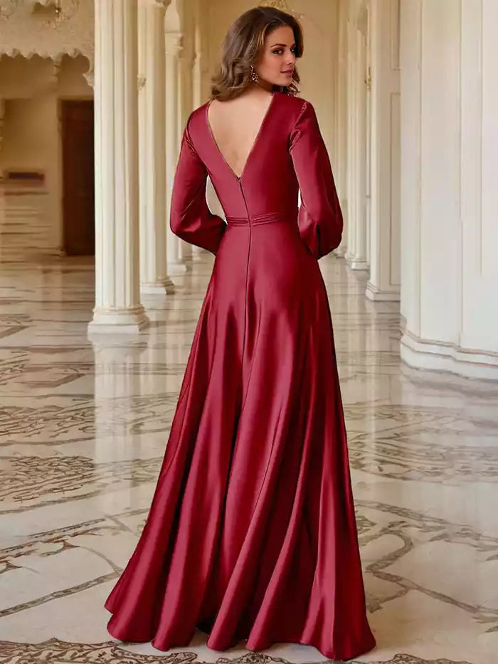 Sleek Deep V Neck Long Sleeves with High Slit Prom Dress
