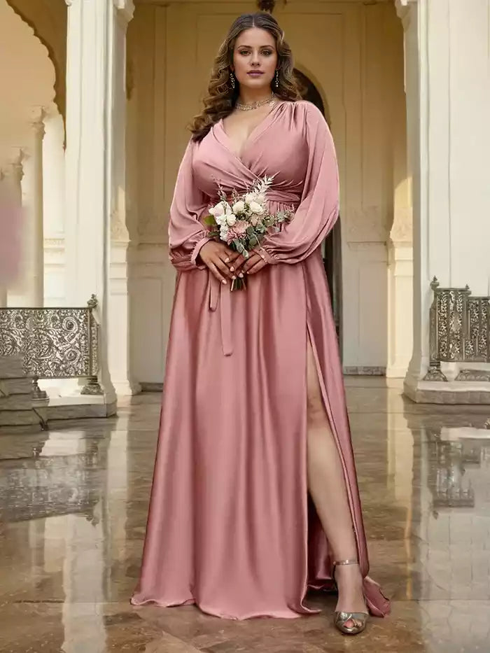 Sleek Deep V Neck Long Sleeves with High Slit Prom Dress