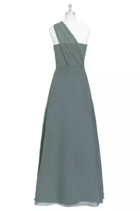 Sleek Dusty Sage Chiffon Gown with One-Shoulder Ruched Bodice