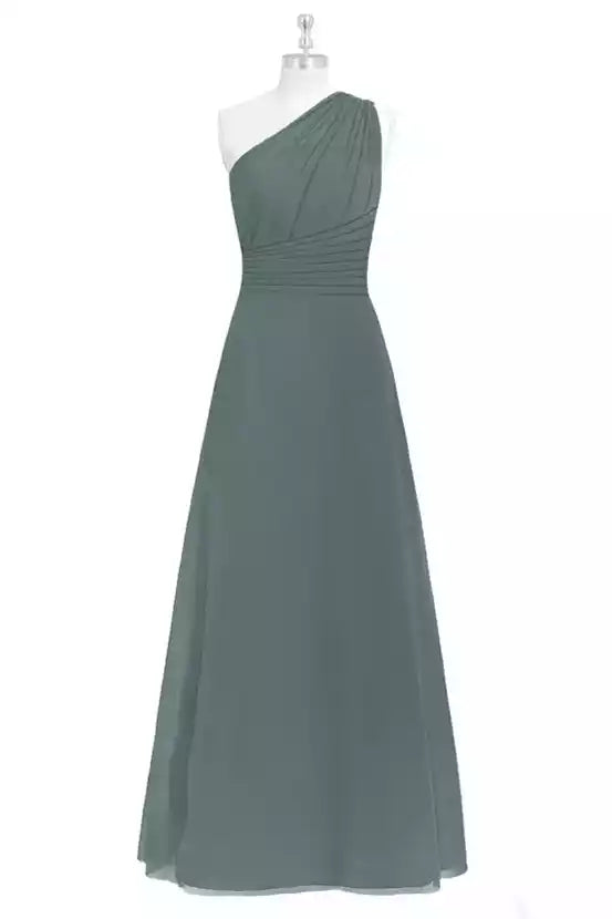 Sleek Dusty Sage Chiffon Gown with One-Shoulder Ruched Bodice