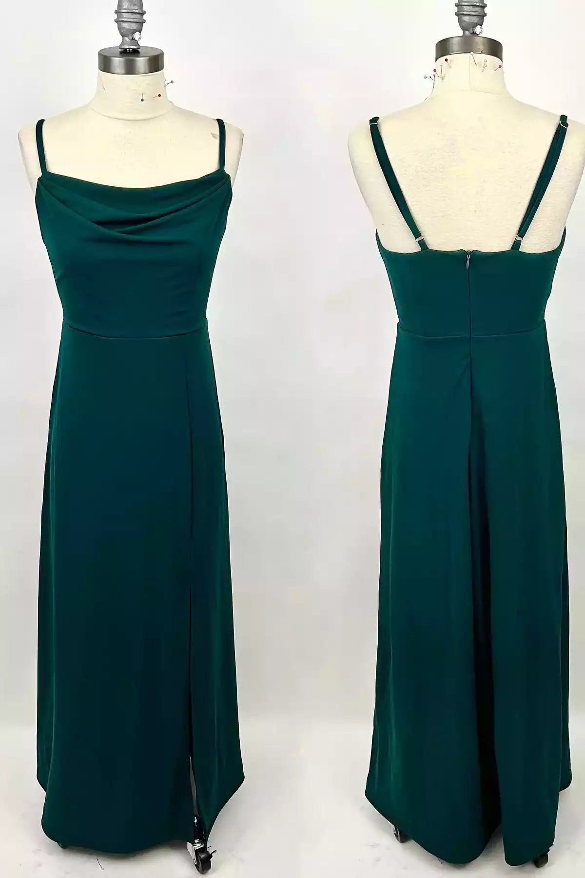 Sleek Emerald Satin Gown with Cowl Neck & Adjustable Straps
