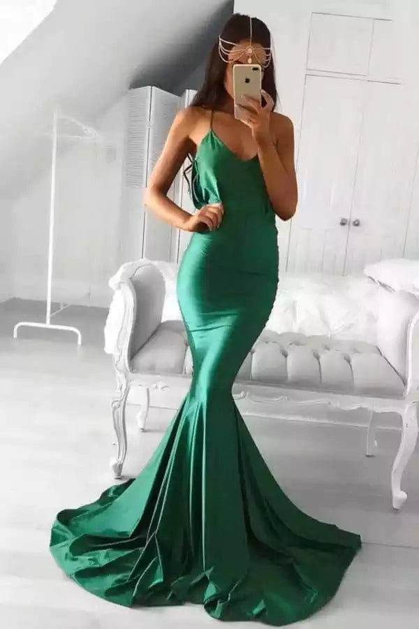 Sleek Forest Green Satin Mermaid Gown with Crisscross Open Back