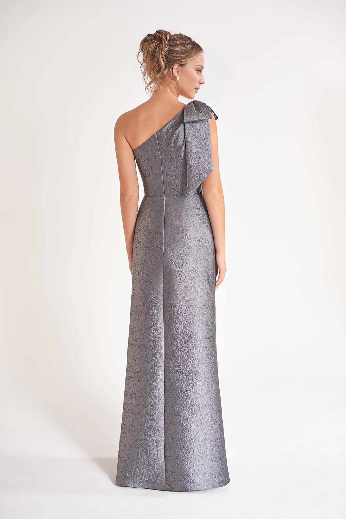 Sleek Georgia Jacquard Sheath Gown with One Shoulder Neckline and Accented Bow Mother of the Bride Dresses