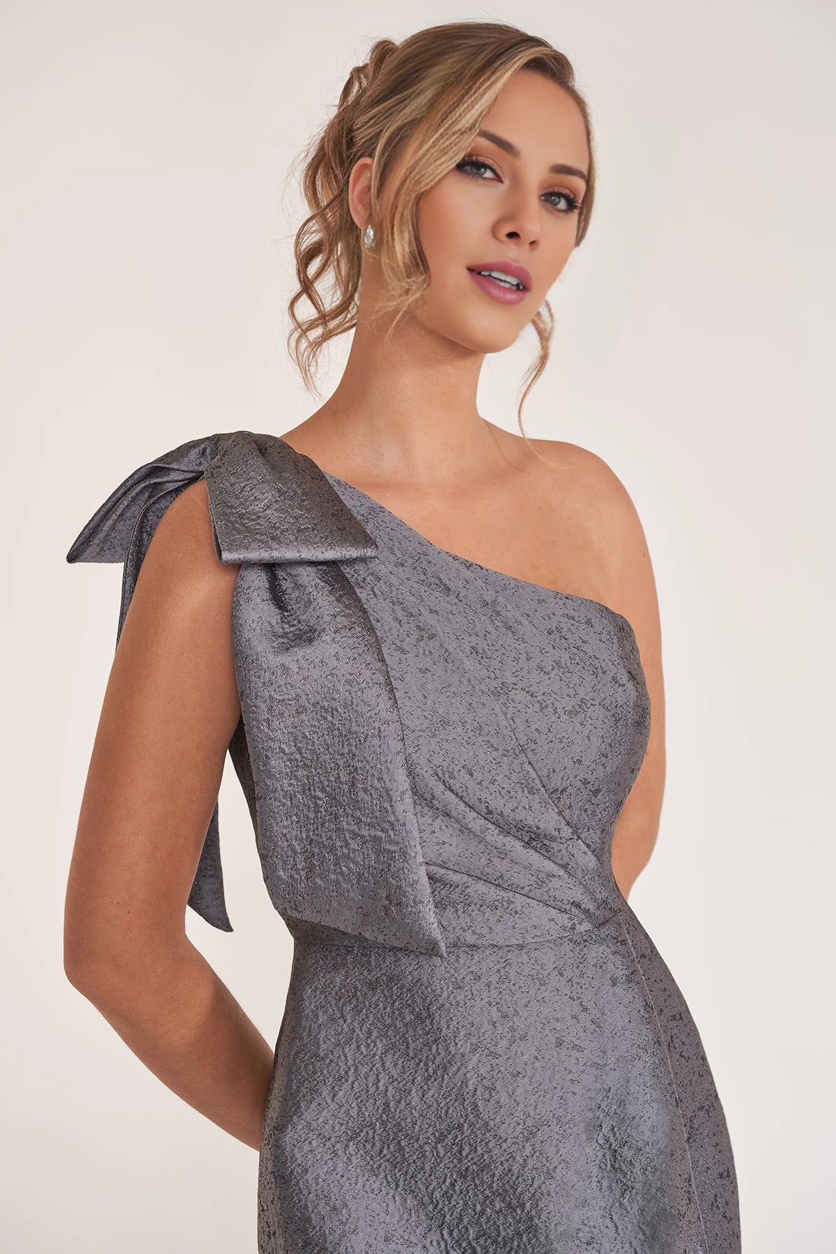 Sleek Georgia Jacquard Sheath Gown with One Shoulder Neckline and Accented Bow Mother of the Bride Dresses