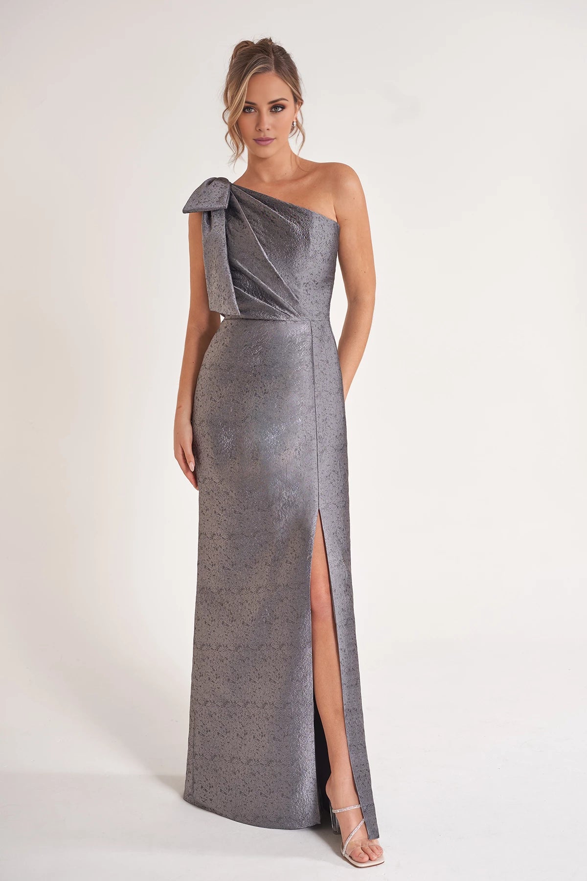Sleek Georgia Jacquard Sheath Gown with One Shoulder Neckline and Accented Bow Mother of the Bride Dresses