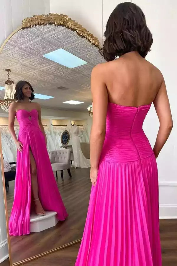 Sleek Hot Pink Pleated Satin Gown with Strapless Cut-Out Bodice & High Slit