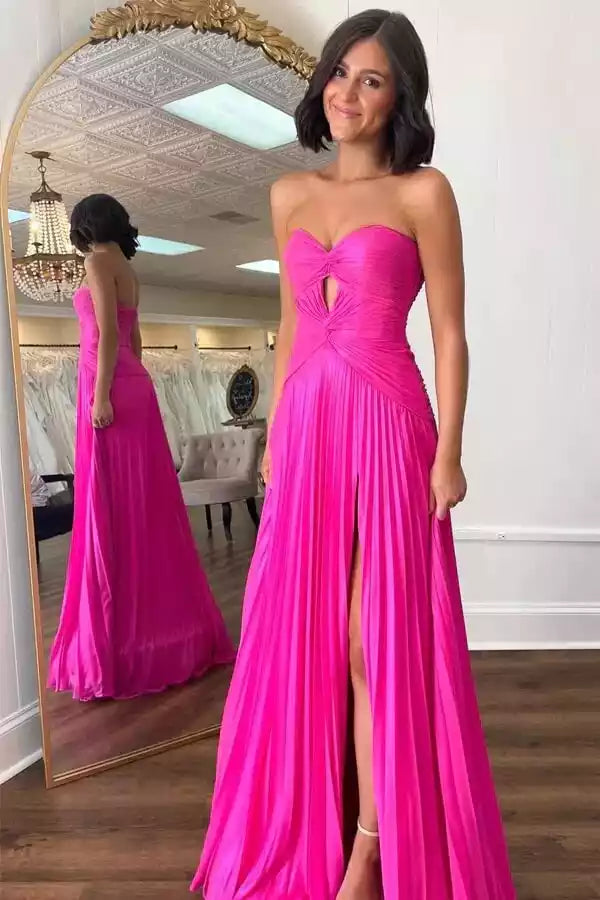 Sleek Hot Pink Pleated Satin Gown with Strapless Cut-Out Bodice & High Slit