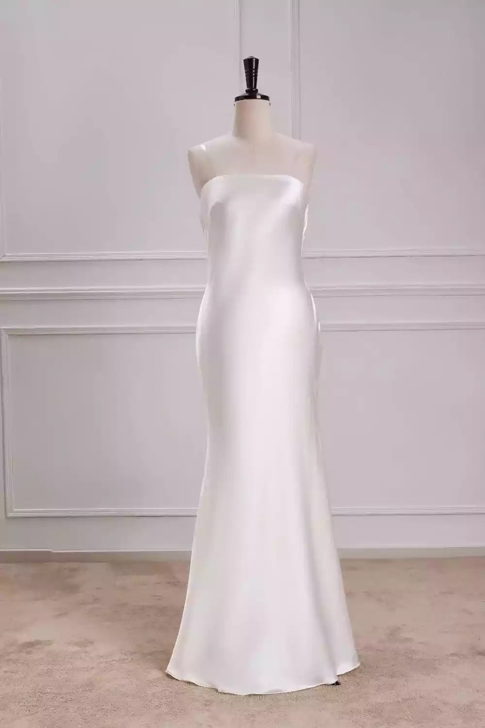 Sleek Ivory Satin Gown with Strapless Design & Cowl Open Back