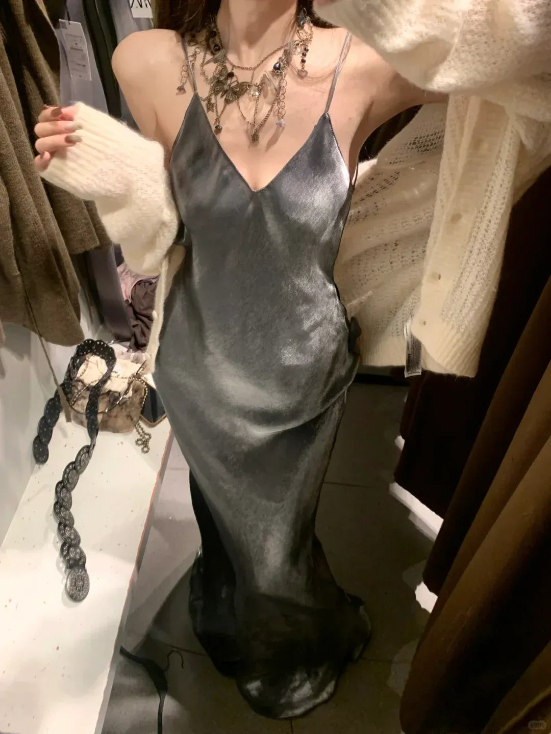 Sleek Mermaid Deep V-Neck Dark Gray Satin Gown