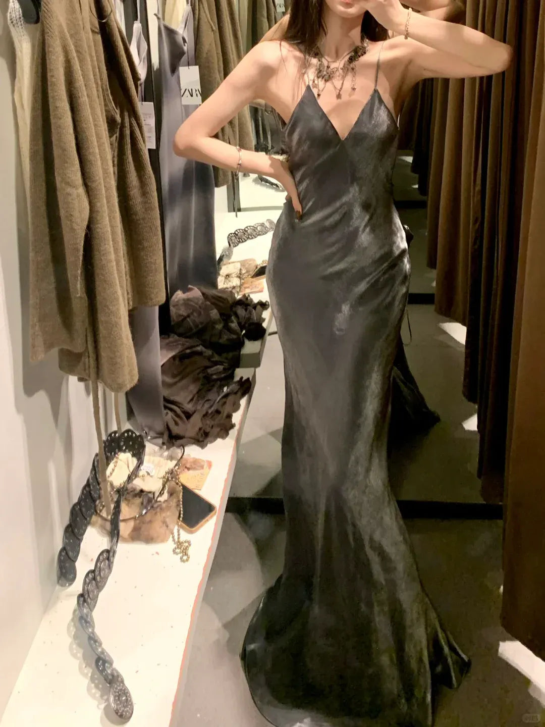Sleek Mermaid Deep V-Neck Dark Gray Satin Gown