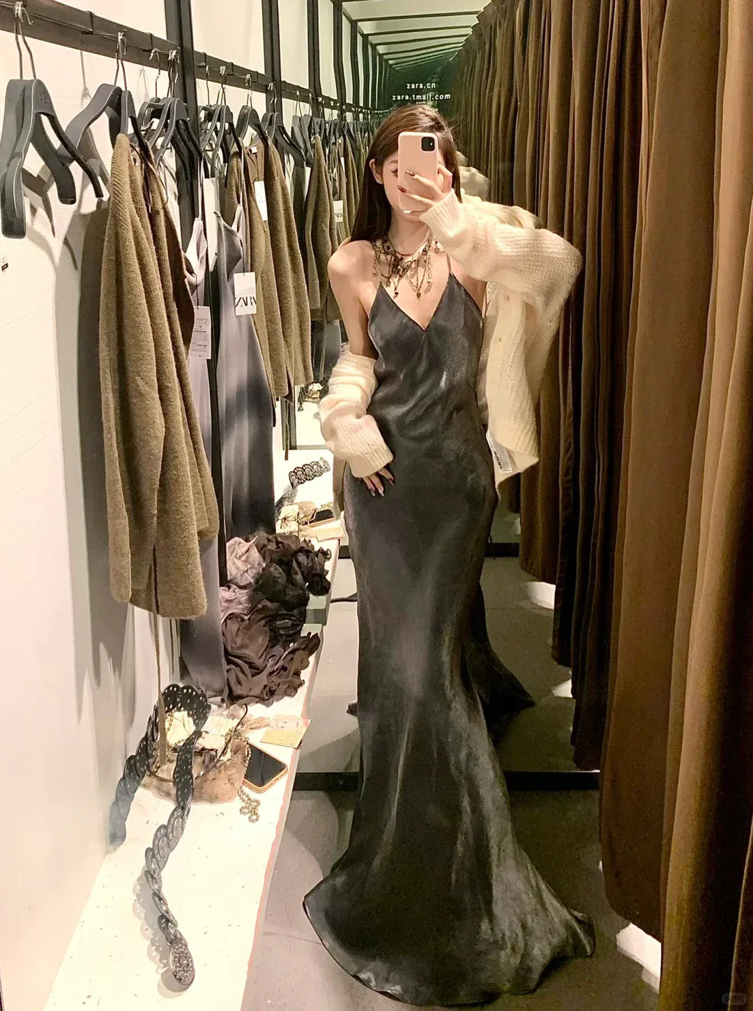Sleek Mermaid Deep V-Neck Dark Gray Satin Gown