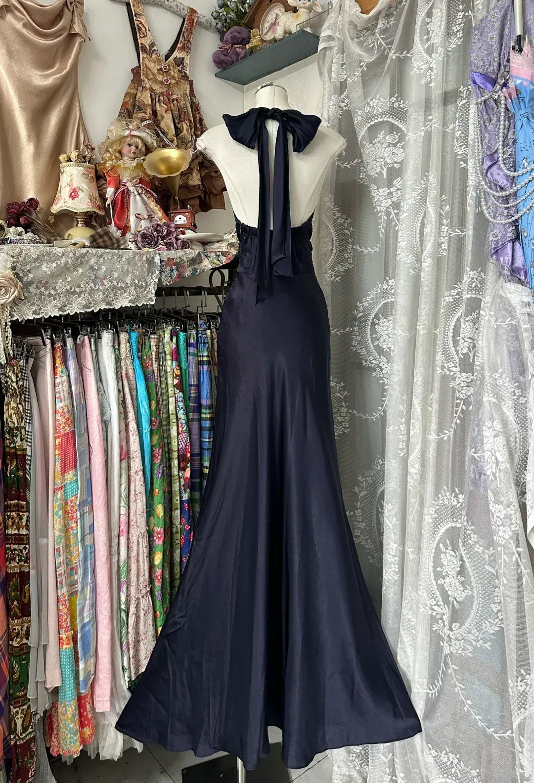 Sleek Mermaid Halter Bow-Tie Navy Blue Satin Prom Dresses