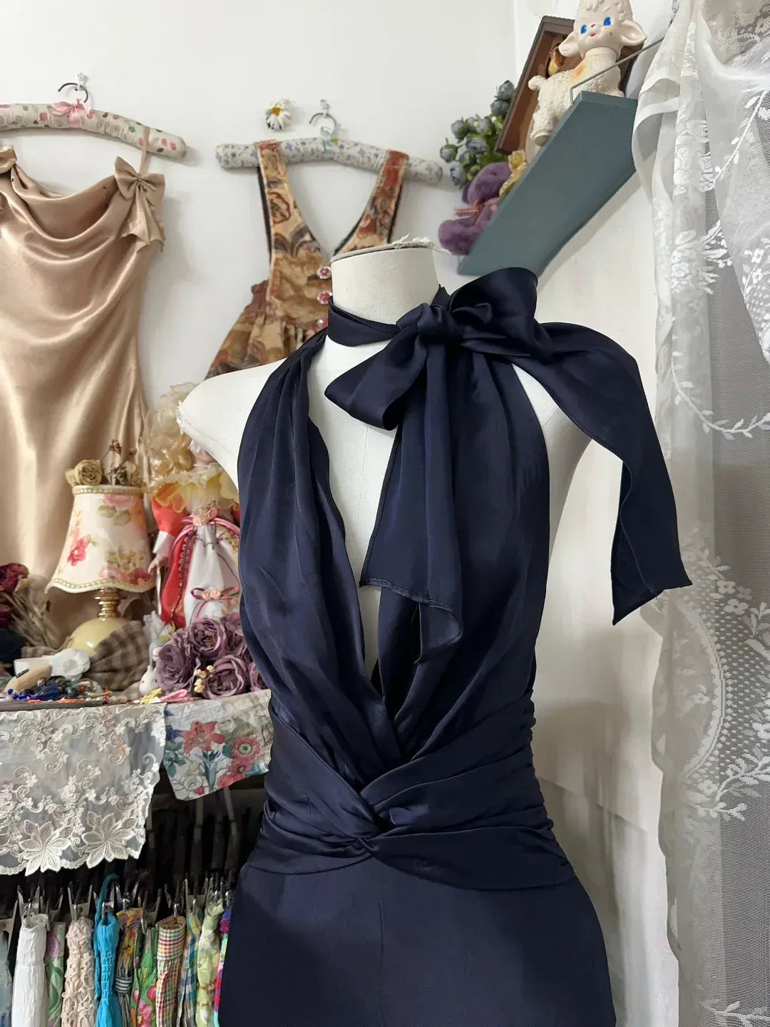 Sleek Mermaid Halter Bow-Tie Navy Blue Satin Prom Dresses