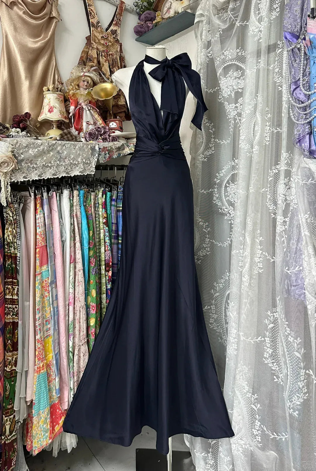 Sleek Mermaid Halter Bow-Tie Navy Blue Satin Prom Dresses