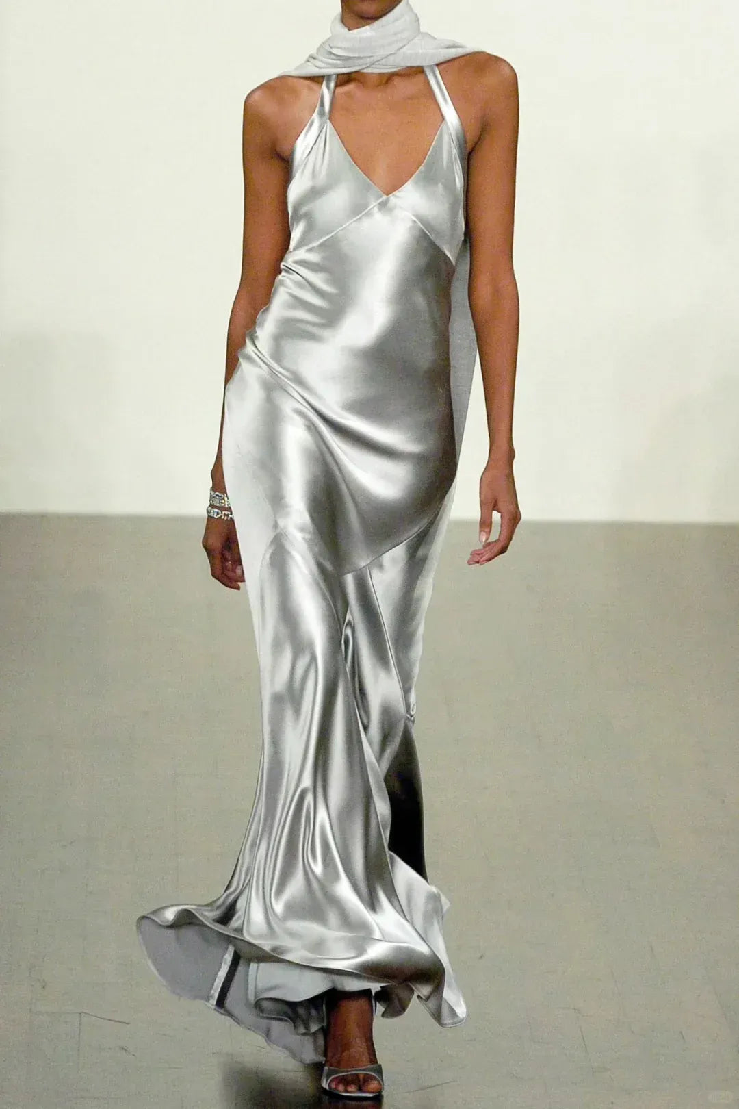 Sleek Mermaid Halter V-Neck Scarf Detail Silver Satin Gown