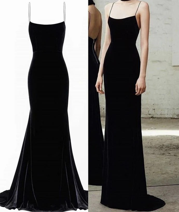 Sleek Mermaid Square-Neck Thin-Strap Black Velvet Prom Dresses