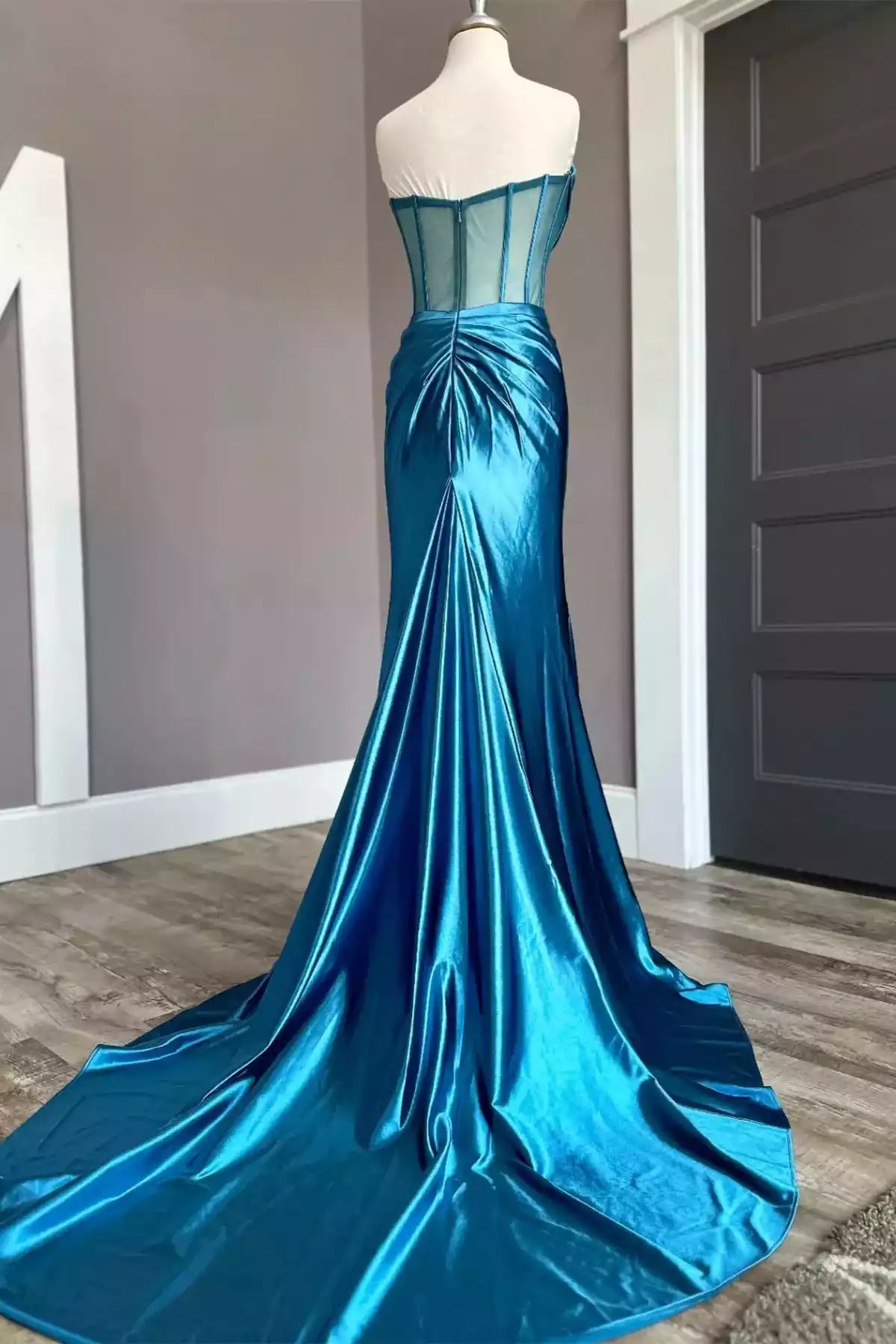 Sleek Mermaid Strapless Sheer-Bodice Slit Floor-Length Formal Gown
