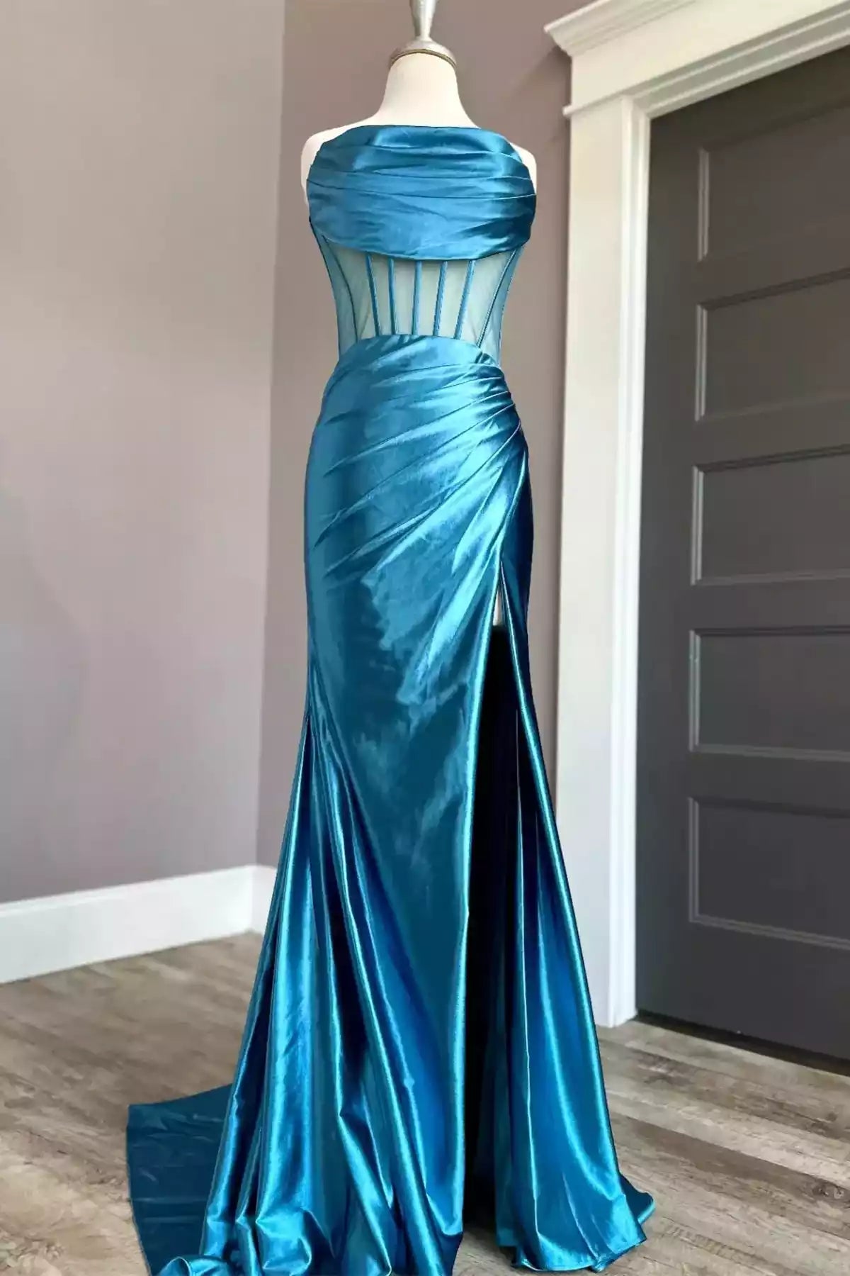 Sleek Mermaid Strapless Sheer-Bodice Slit Floor-Length Formal Gown