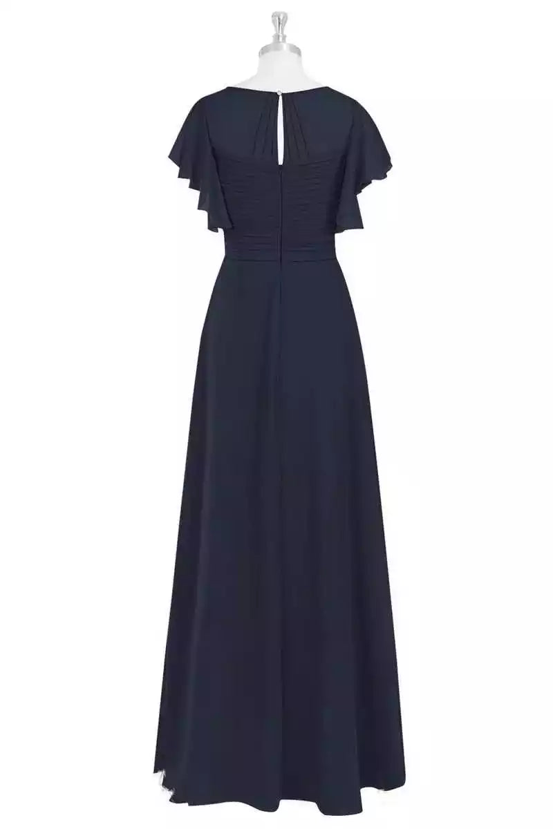 Sleek Navy Blue Chiffon Gown with Flutter Sleeves & Ruched Bodice