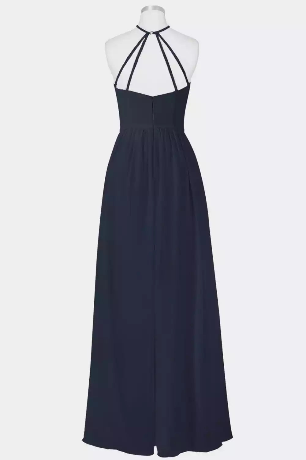 Sleek Navy Blue Chiffon Gown with Multi-Strap Halter Back & Ruched Bodice