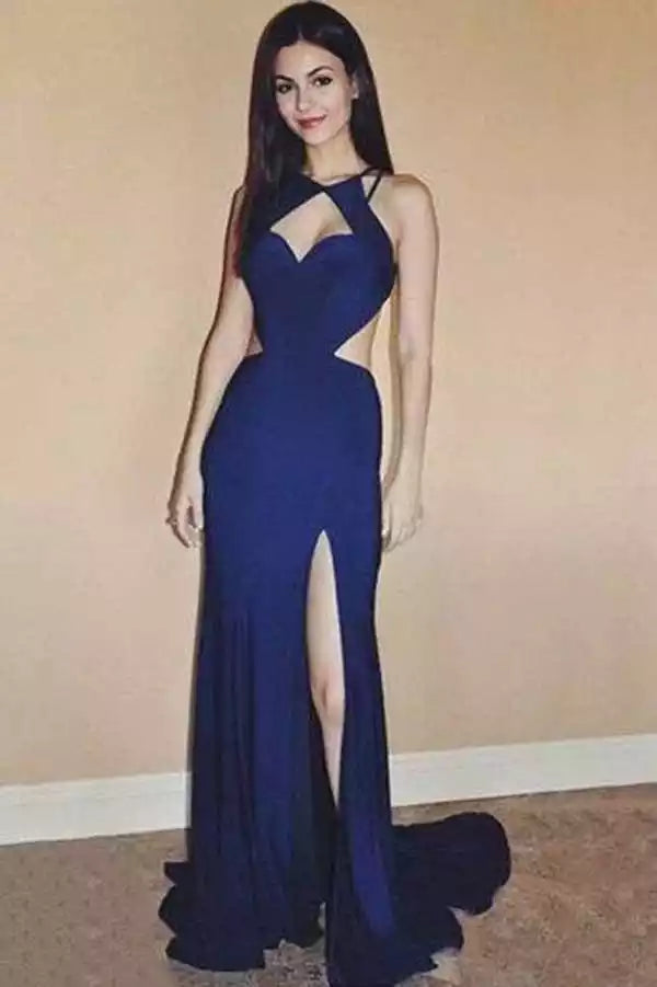 Sleek Navy Blue Mermaid Gown with Cut-Out Detail & Open Back