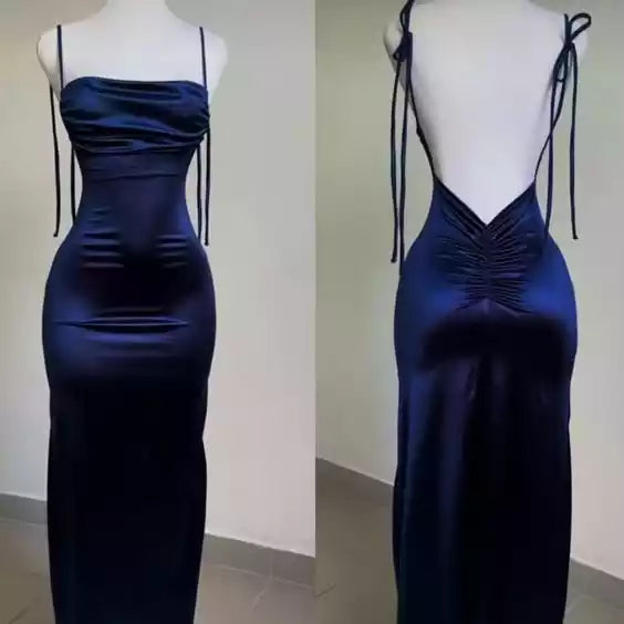 Sleek Navy Blue Satin Slip Gown with Adjustable Straps & Ruched Back