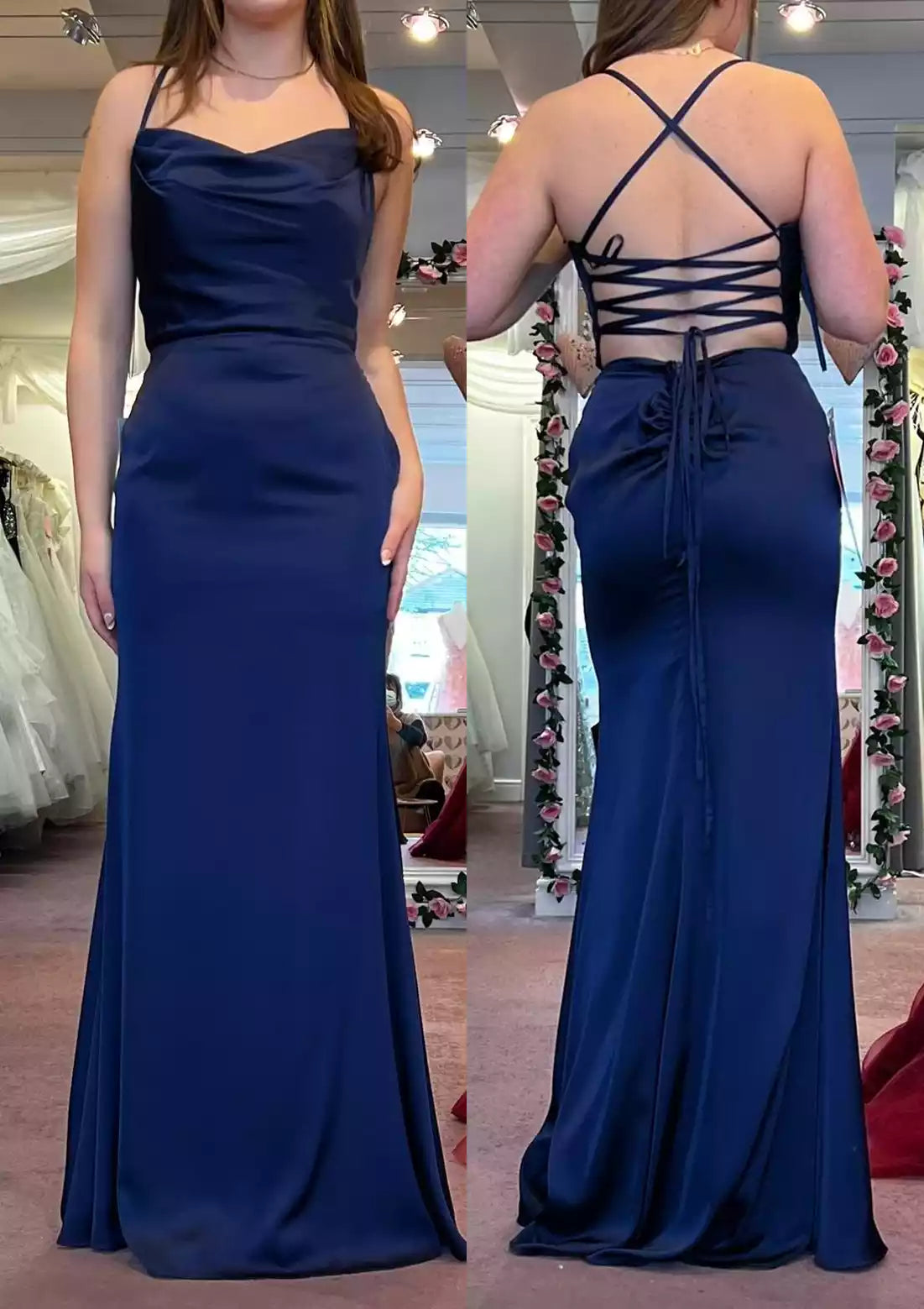 Sleek Navy Satin Mermaid Gown with Ruched Bodice & Crisscross Lace-Up Back