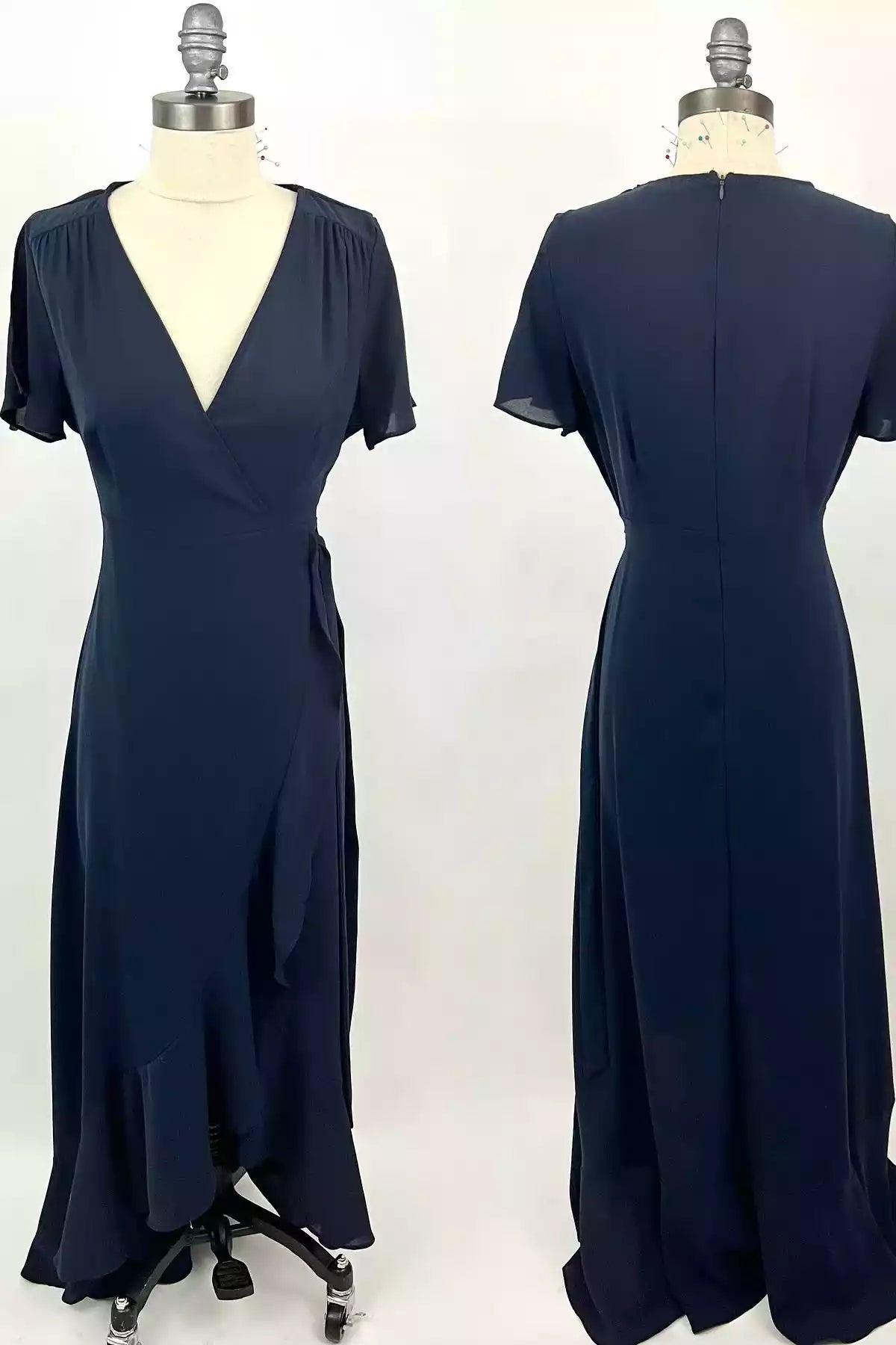 Sleek Navy Wrap Gown with Flutter Sleeves & Asymmetrical Ruffle Hem