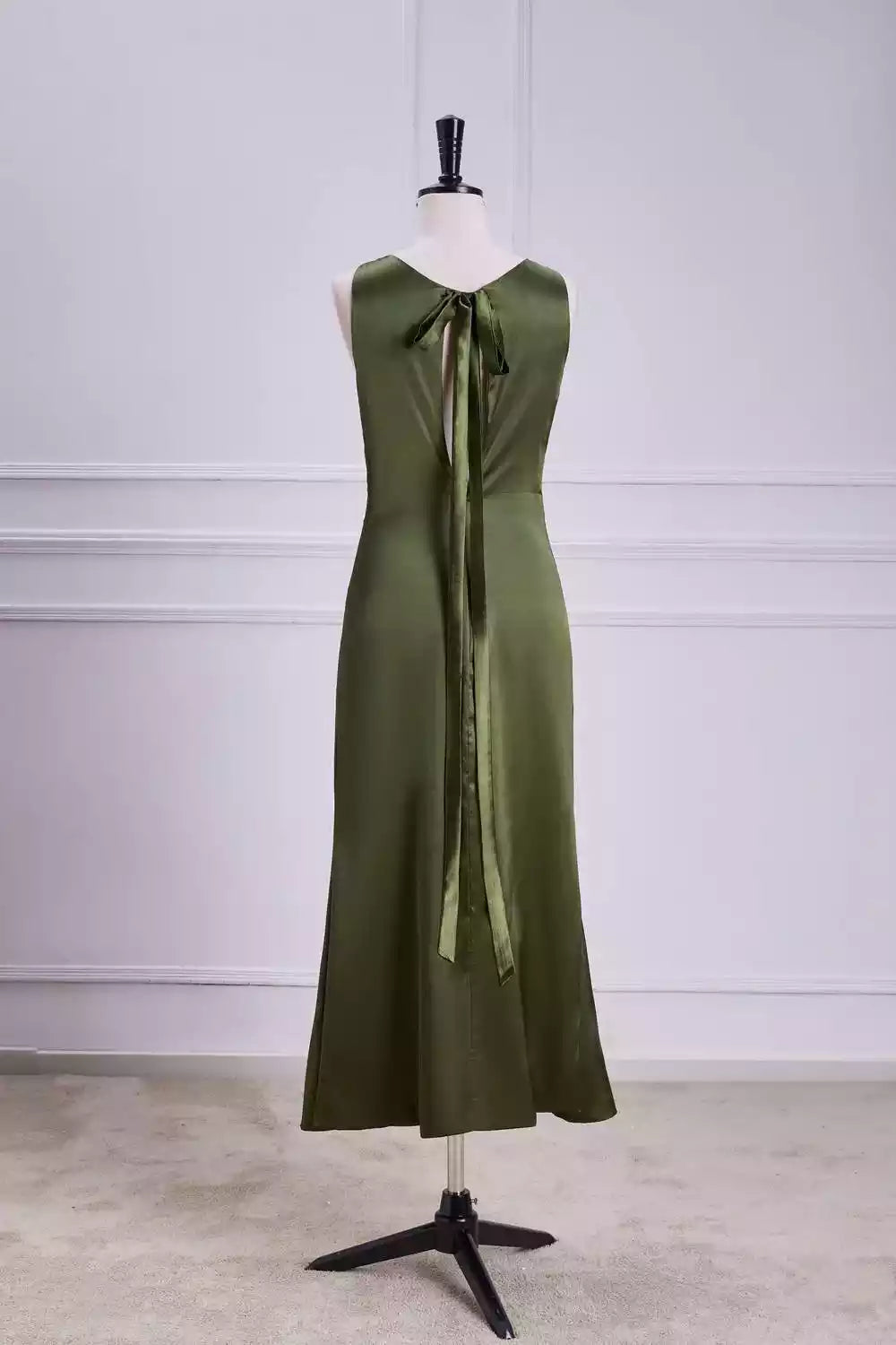Sleek Olive Green Satin Gown with Sleeveless Neckline & Tie-Back Detail