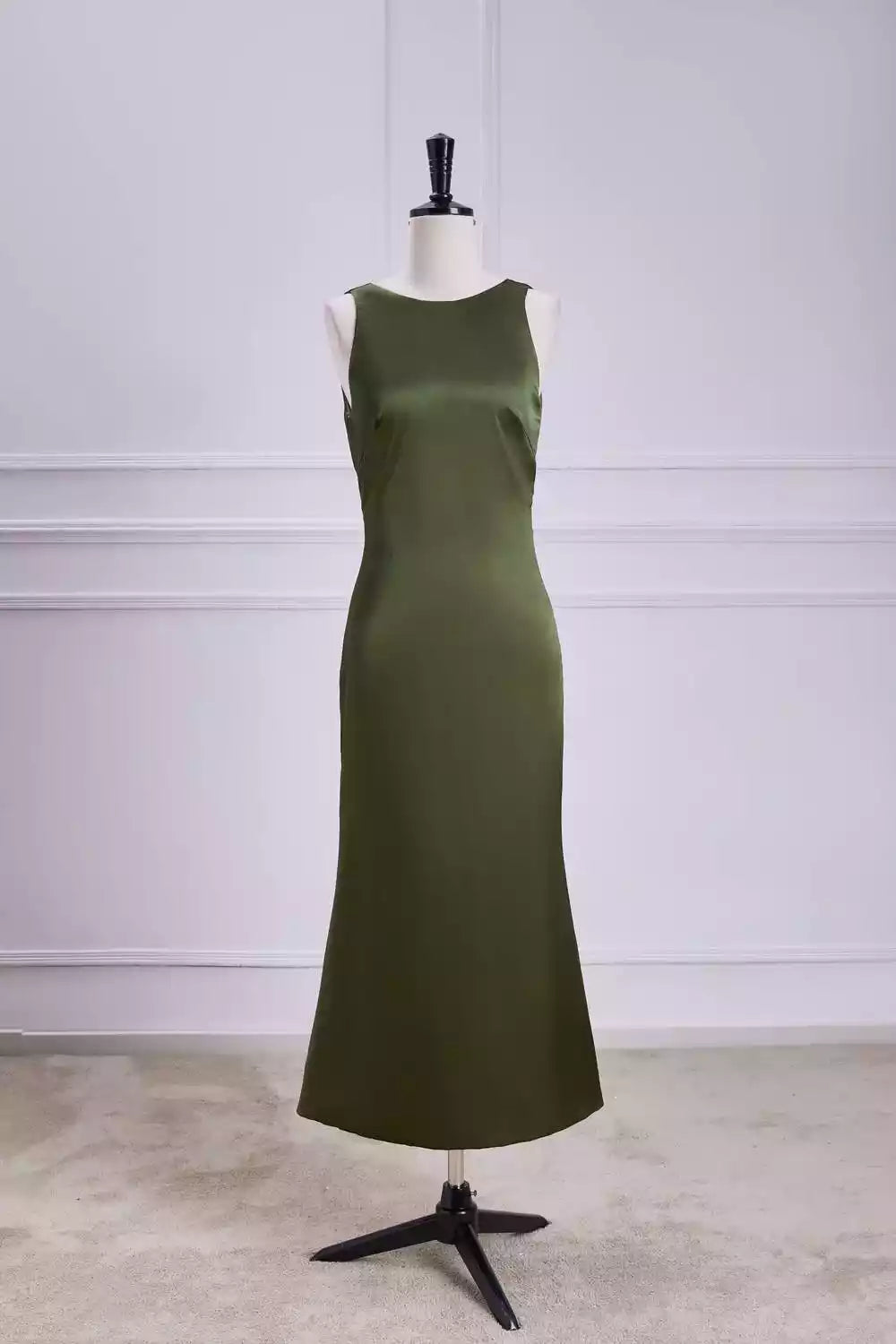 Sleek Olive Green Satin Gown with Sleeveless Neckline & Tie-Back Detail
