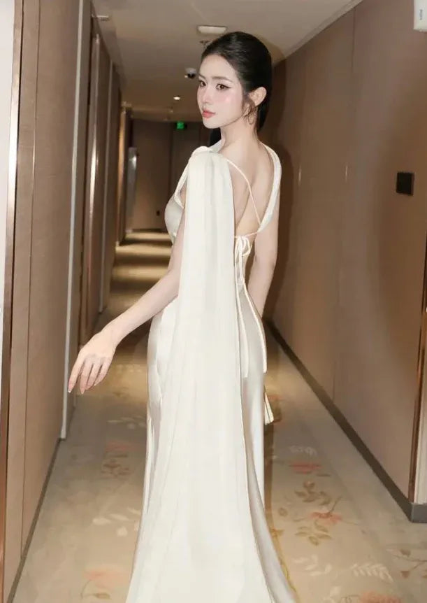 Sleek One-Shoulder Open Back Ivory Satin Mermaid Gown