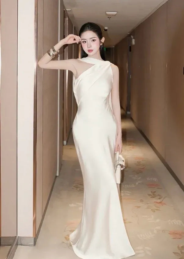 Sleek One-Shoulder Open Back Ivory Satin Mermaid Gown