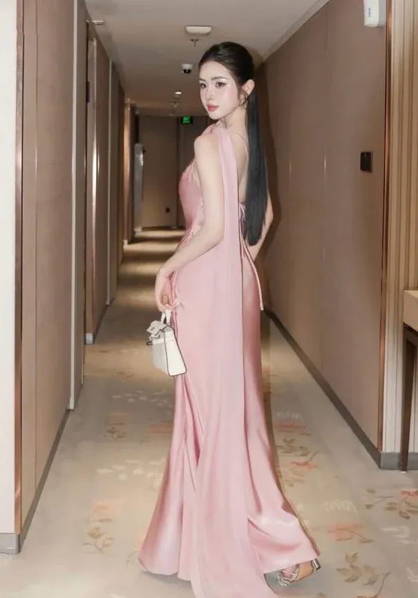 Sleek One-Shoulder Open Back Ivory Satin Mermaid Gown