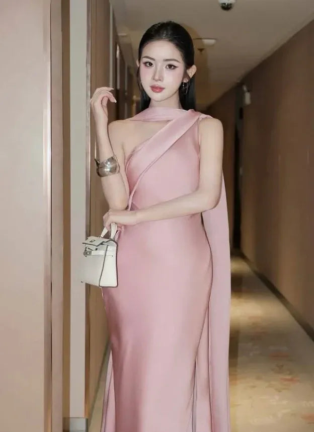 Sleek One-Shoulder Open Back Ivory Satin Mermaid Gown