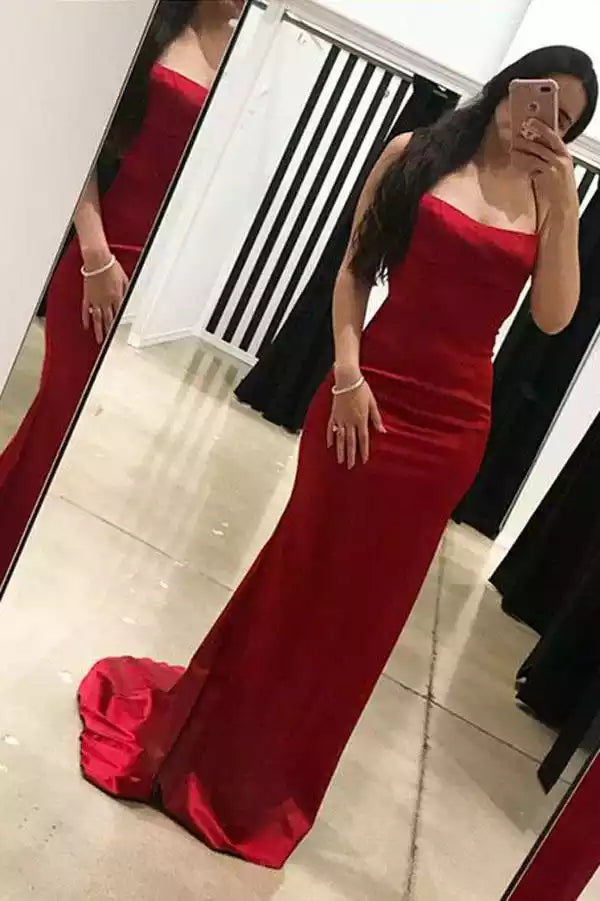 Sleek Red Satin Mermaid Gown with Crisscross Open Back & Train