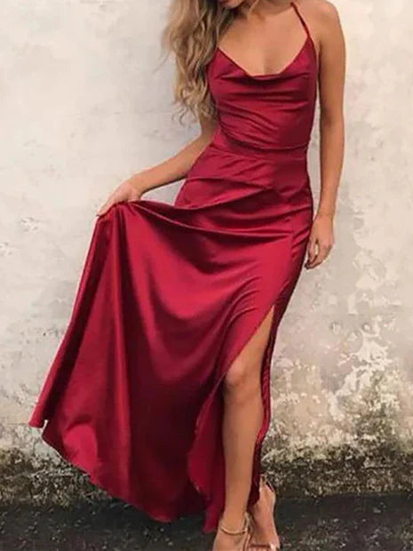 Sleek Satin Cowl Neck Evening Dresses with Crisscross Lace-Up Back and High Slit Formal Gown