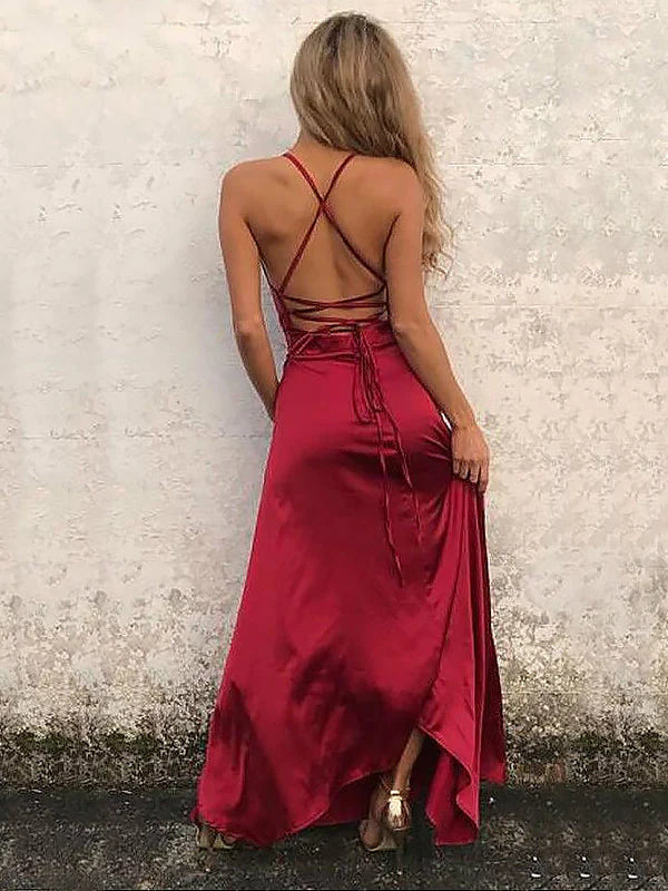 Sleek Satin Cowl Neck Evening Dresses with Crisscross Lace-Up Back and High Slit Formal Gown