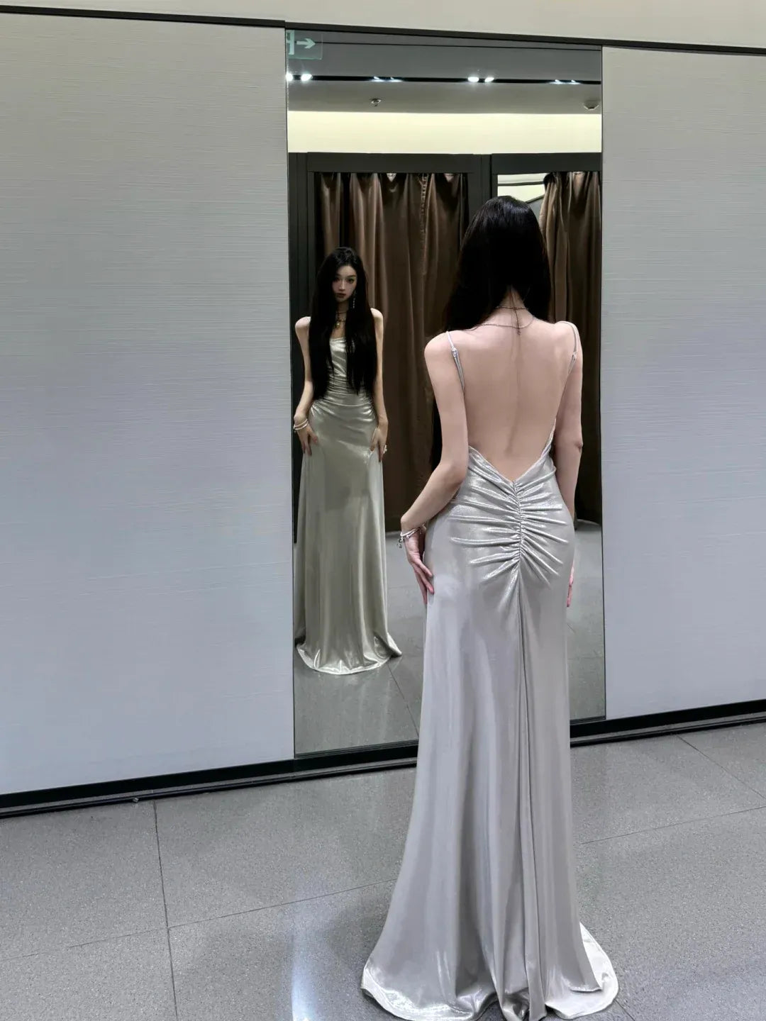 Sleek Sheath Cowl-Neck Ruched Metallic Silver Satin Gown