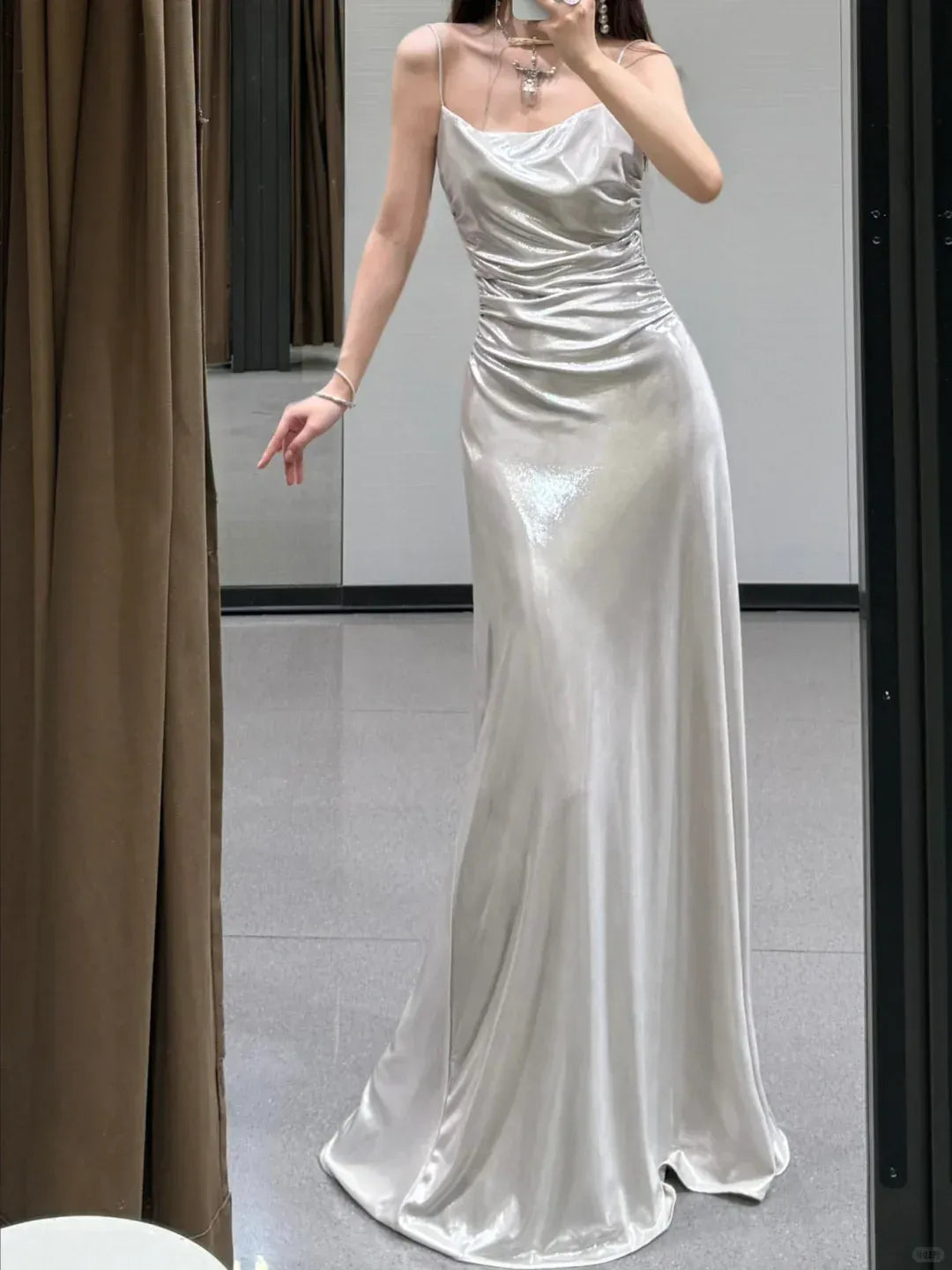 Sleek Sheath Cowl-Neck Ruched Metallic Silver Satin Gown