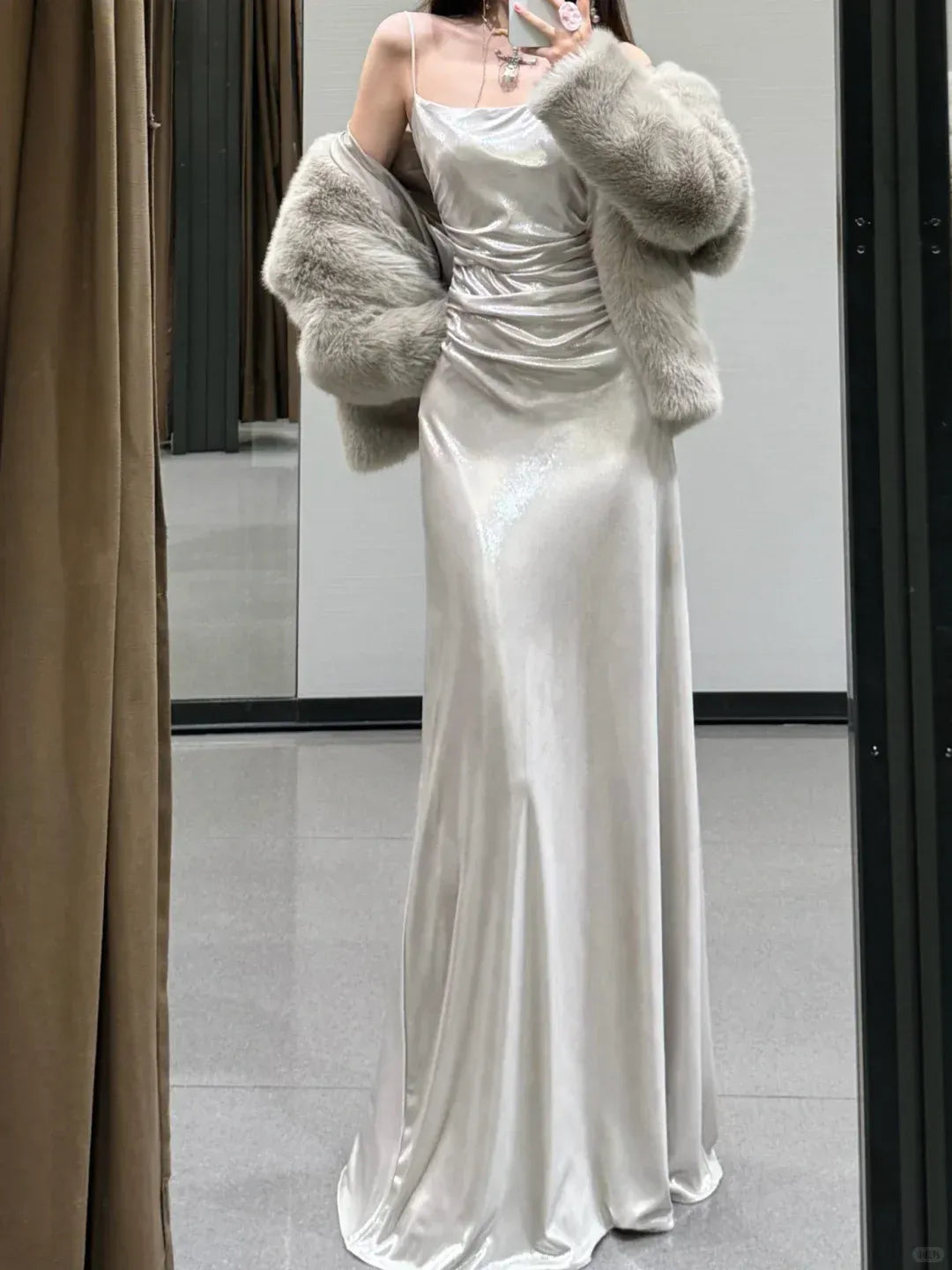 Sleek Sheath Cowl-Neck Ruched Metallic Silver Satin Gown