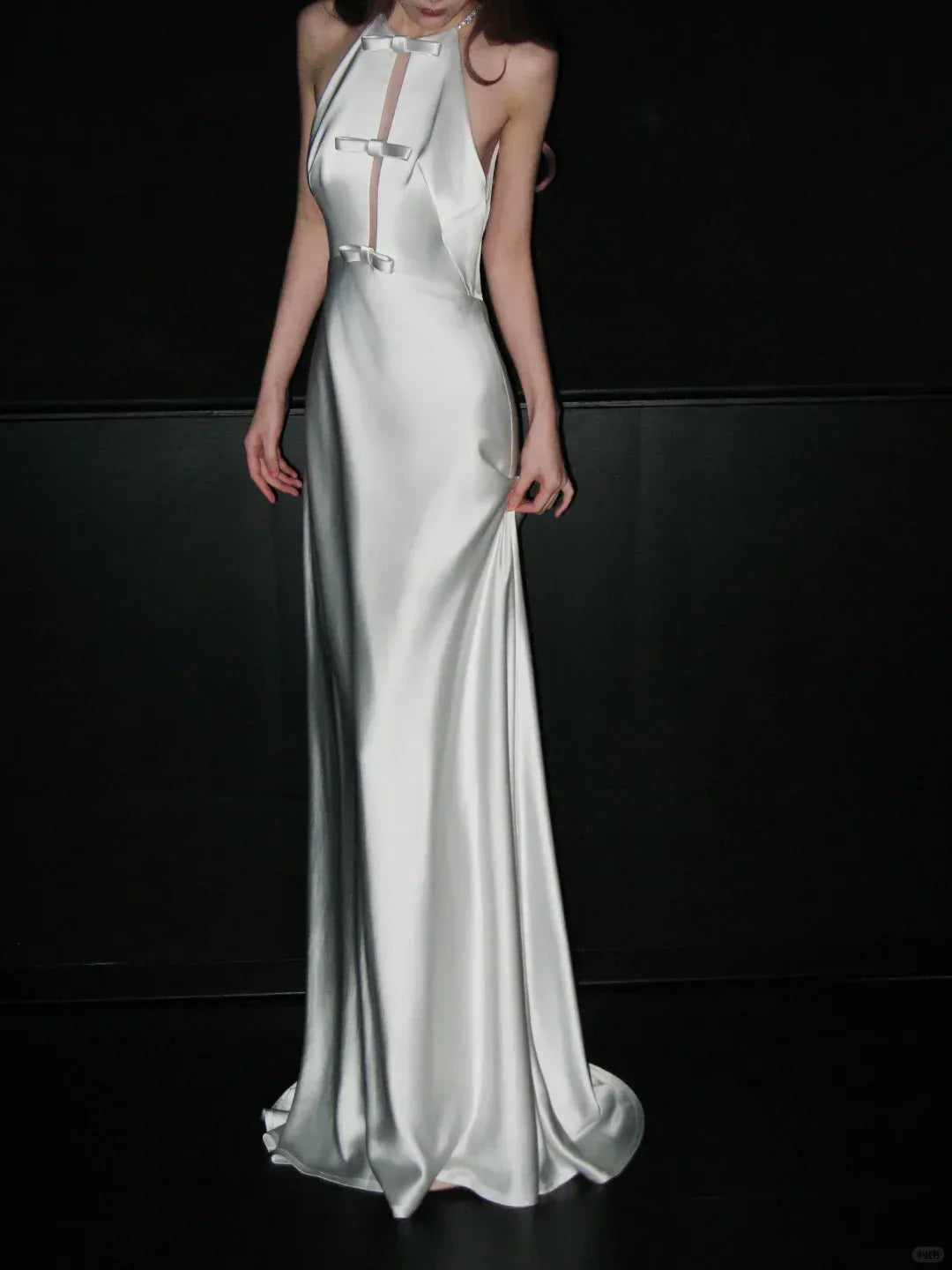 Sleek Sheath Halter Bow-Detail Ivory Satin Gown